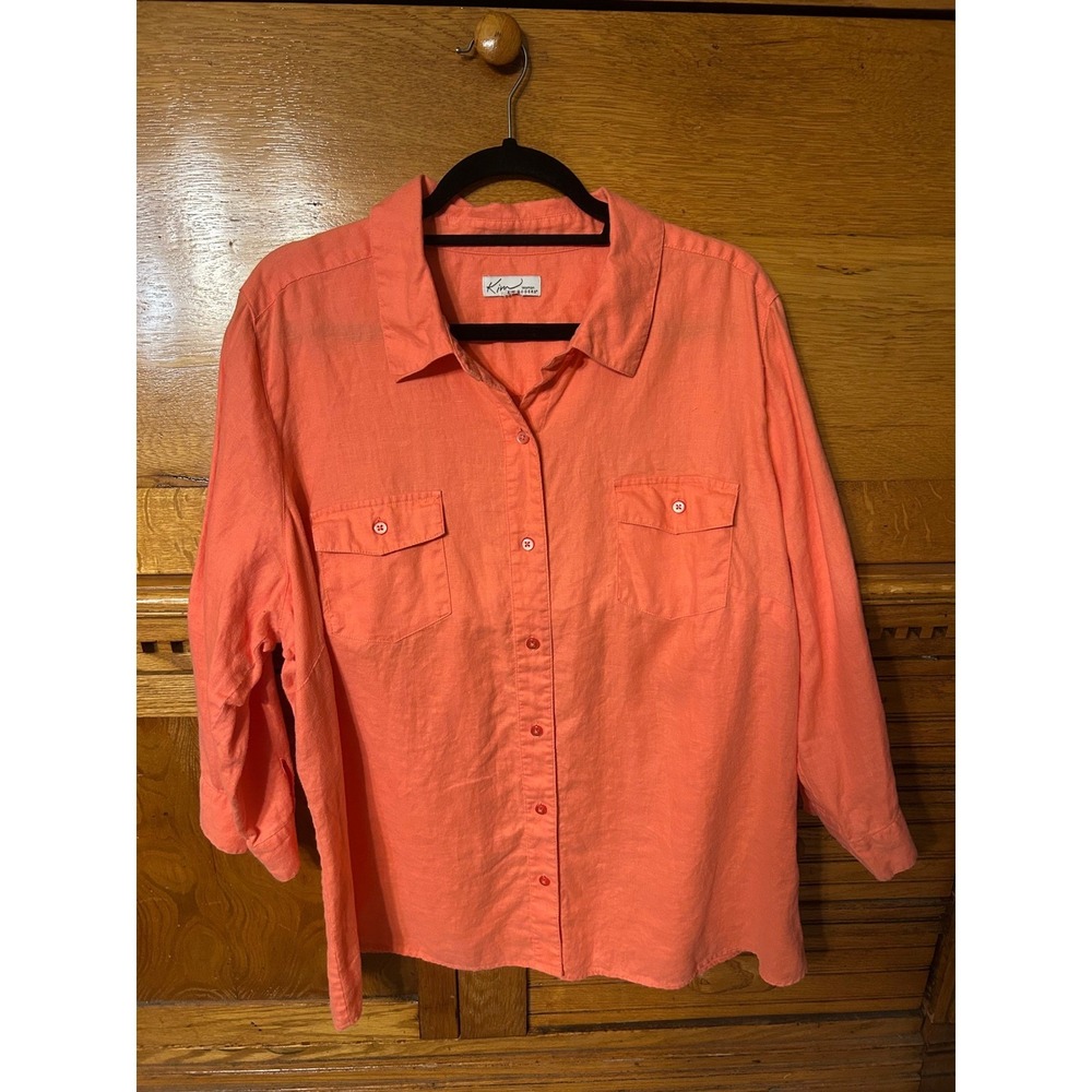 Kim Rogers Coral Orange Linen Blend Roll Tab Button Down Shirt Plus Size Coastal